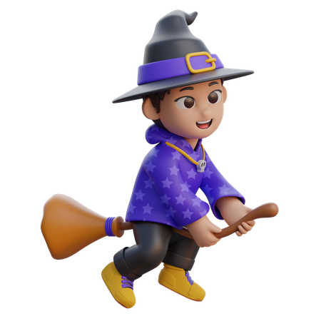 Boy in Wizard Costume Flying with Magic Broom  3D Illustration