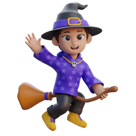 Boy in Wizard Costume Flying with Magic Broom  3D Illustration