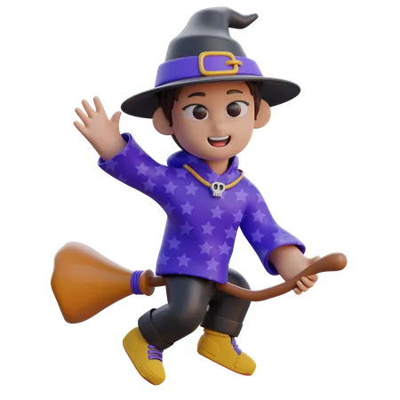 Boy in Wizard Costume Flying with Magic Broom  3D Illustration