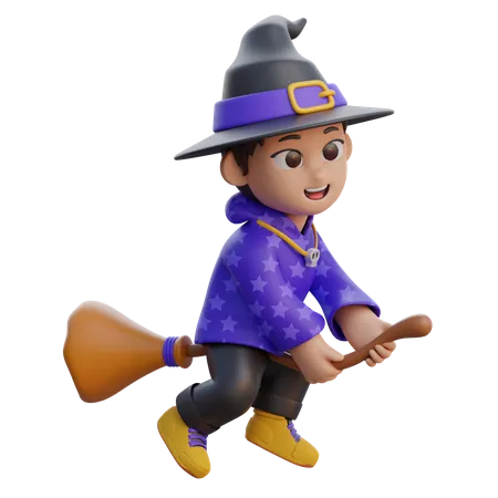 Boy in Wizard Costume Flying with Magic Broom  3D Illustration