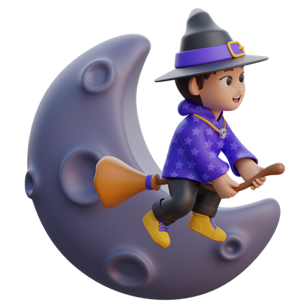 Boy in Wizard Costume Flying with Magic Broom to the Moon  3D Icon