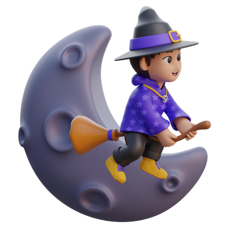 Boy in Wizard Costume Flying with Magic Broom to the Moon  3D Illustration