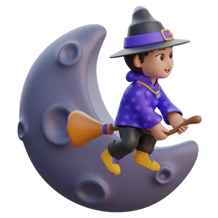 Boy in Wizard Costume Flying with Magic Broom to the Moon  3D Illustration