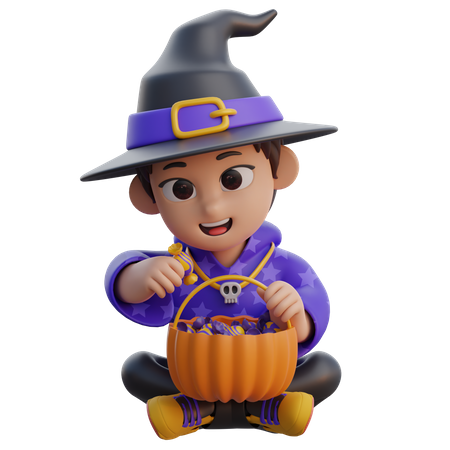 Boy in Wizard Costume with Candy Basket  3D Icon