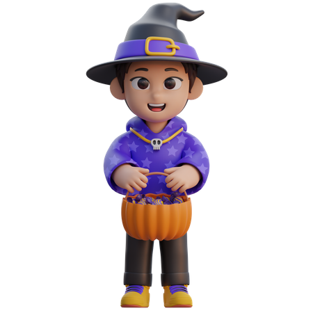 Boy in Wizard Costume with Candy Basket  3D Icon