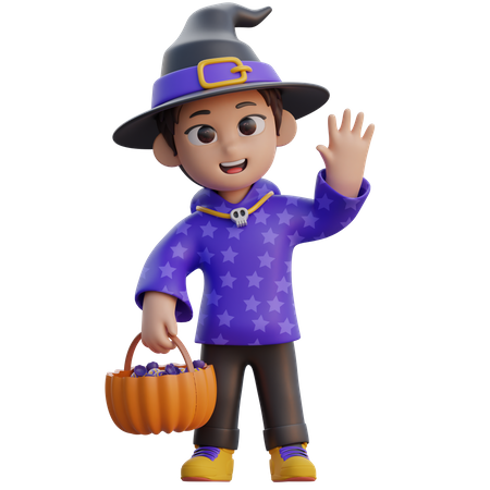 Boy in Wizard Costume with Candy Basket  3D Illustration