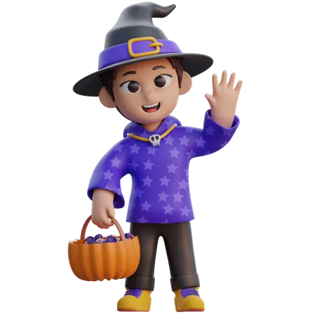 Boy in Wizard Costume with Candy Basket  3D Illustration