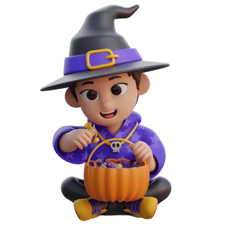 Boy in Wizard Costume with Candy Basket  3D Illustration