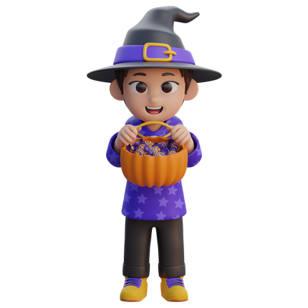 Boy in Wizard Costume with Candy Basket  3D Illustration