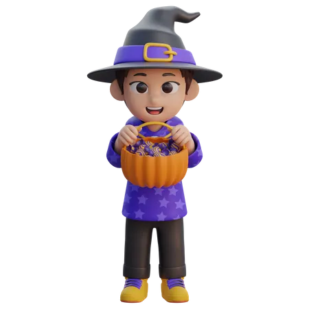 Boy in Wizard Costume with Candy Basket  3D Illustration