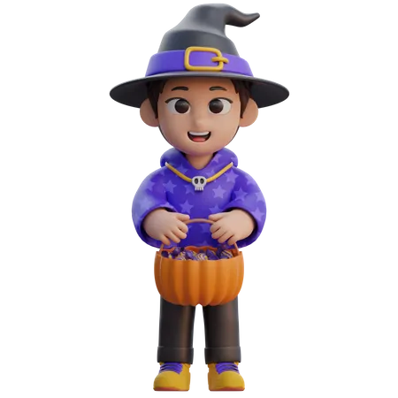 Boy in Wizard Costume with Candy Basket  3D Illustration