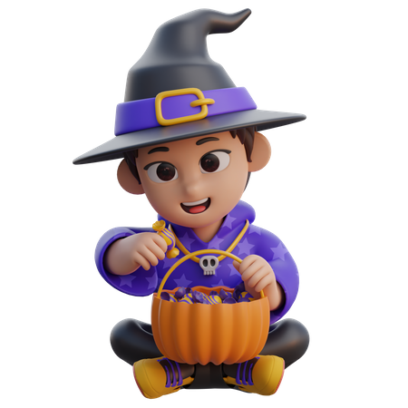 Boy in Wizard Costume with Candy Basket  3D Illustration