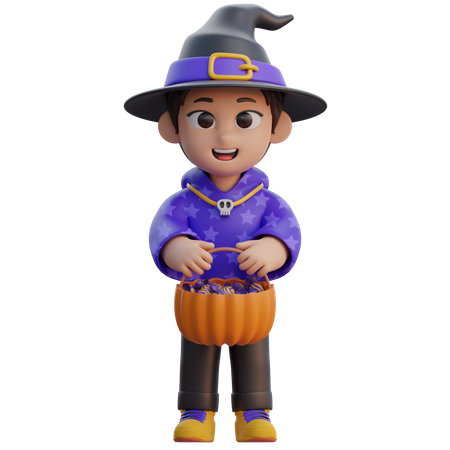 Boy in Wizard Costume with Candy Basket  3D Illustration