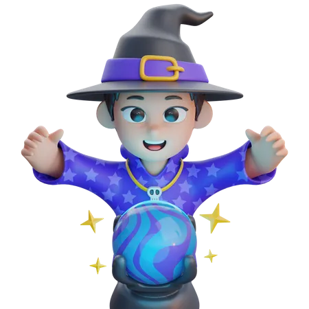 Boy in Wizard Costume with Magic Ball  3D Illustration