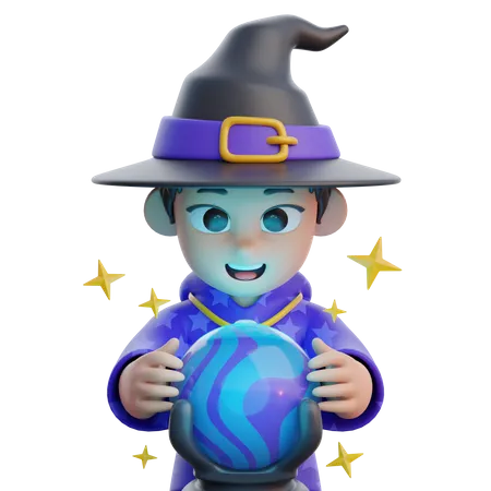 Boy in Wizard Costume with Magic Ball  3D Illustration