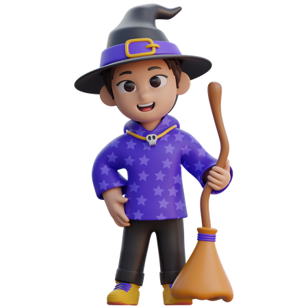 Boy in Wizard Costume with Magic Broom  3D Illustration