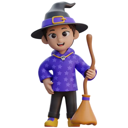 Boy in Wizard Costume with Magic Broom  3D Illustration