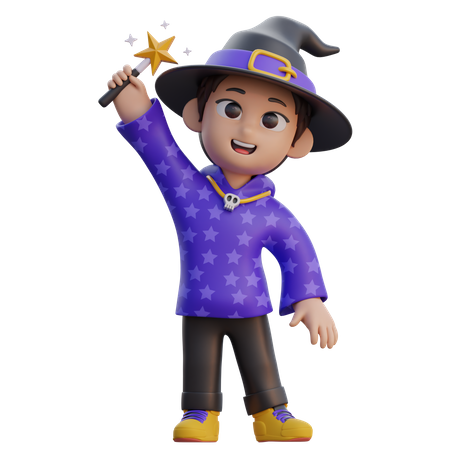 Boy in Wizard Costume with Magic Wand  3D Illustration