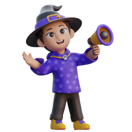 Boy in Wizard Costume with Megaphone  3D Icon