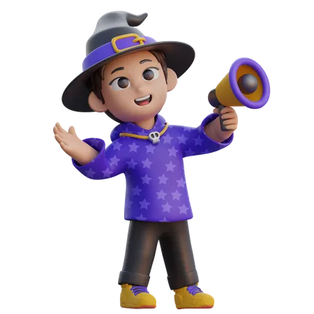 Boy in Wizard Costume with Megaphone  3D Illustration