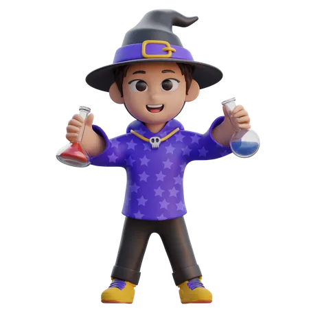 Boy in Wizard Costume with Poison Bottle  3D Illustration