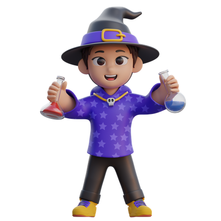 Boy in Wizard Costume with Poison Bottle  3D Illustration