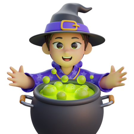 Boy in Wizard Costume with Poison Cauldron  3D Icon
