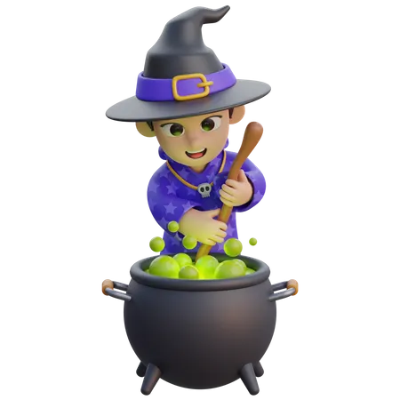 Boy in Wizard Costume with Poison Cauldron  3D Illustration