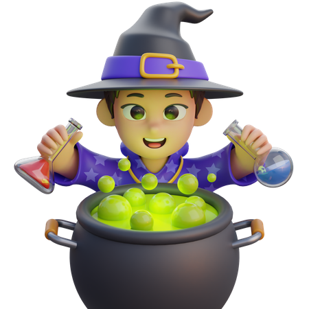 Boy in Wizard Costume with Poison Cauldron  3D Illustration