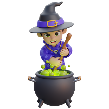 Boy in Wizard Costume with Poison Cauldron  3D Illustration