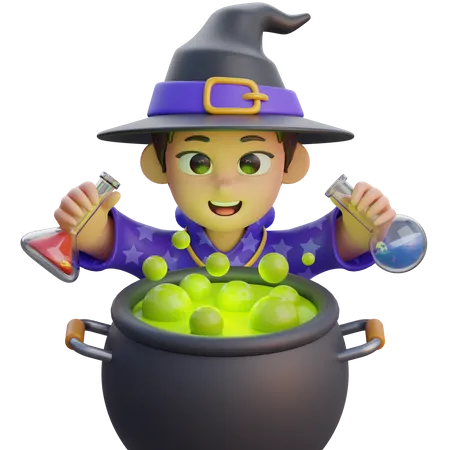 Boy in Wizard Costume with Poison Cauldron  3D Illustration
