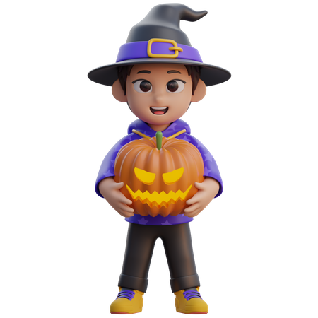 Boy in Wizard Costume with Pumpkin Head  3D Illustration