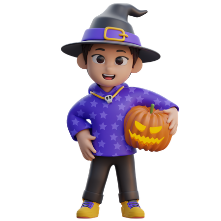 Boy in Wizard Costume with Pumpkin Head  3D Illustration