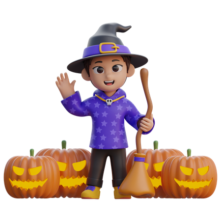 Boy in Wizard Costume with Pumpkin Head  3D Illustration