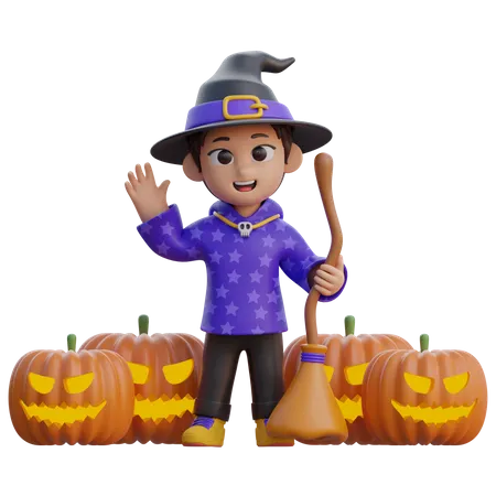 Boy in Wizard Costume with Pumpkin Head  3D Illustration