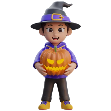 Boy in Wizard Costume with Pumpkin Head  3D Illustration