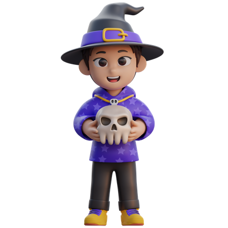 Boy in Wizard Costume with Skull  3D Illustration