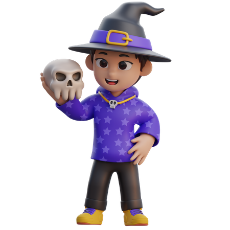 Boy in Wizard Costume with Skull  3D Illustration