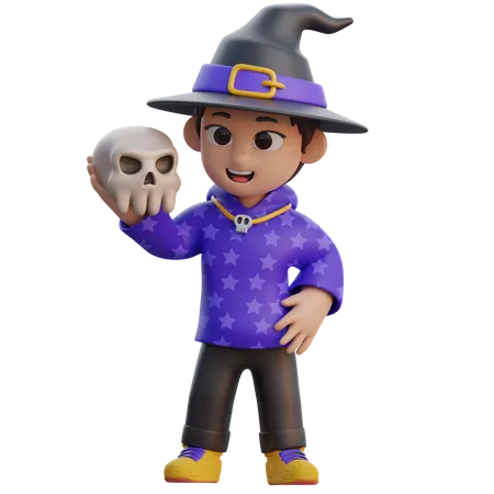 Boy in Wizard Costume with Skull  3D Illustration