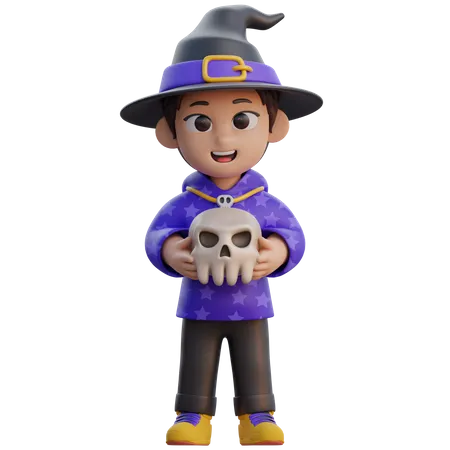 Boy in Wizard Costume with Skull  3D Illustration