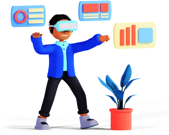 Boy Is Analyzing Business Graphs Using Vr Glasses  3D Illustration