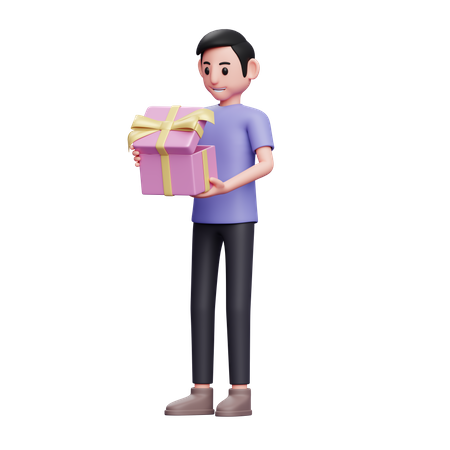 Boy is excited to open a special gift for Valentine  3D Illustration