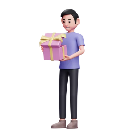 Boy is excited to open a special gift for Valentine  3D Illustration