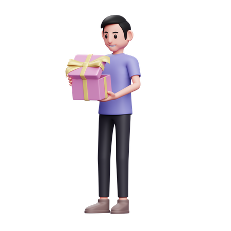 Boy is excited to open a special gift for Valentine 3D Illustration