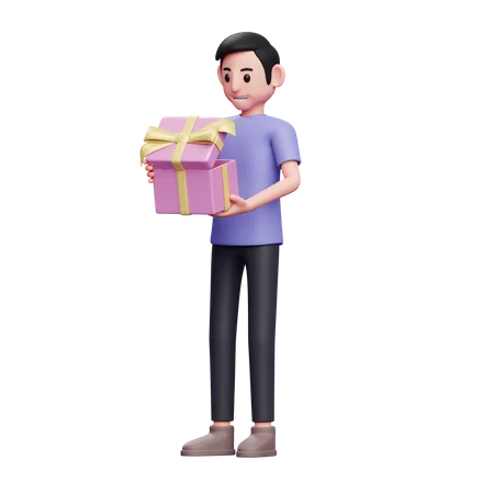 Boy Is Excited To Open A Special Gift For Valentines Day Boy Celebrating Valentines Day 3 D Illustration 3D Illustration