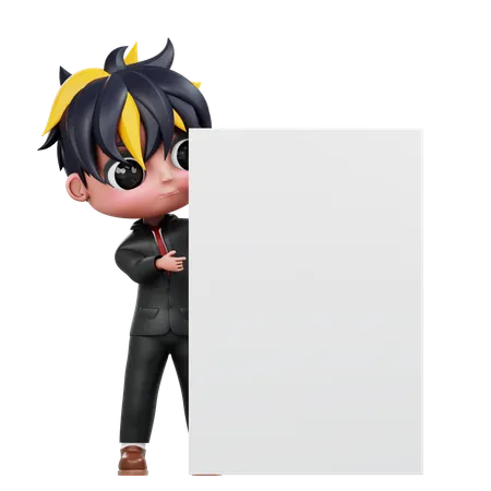 3 D Cute Businessman Pointing To White Board 3D Illustration