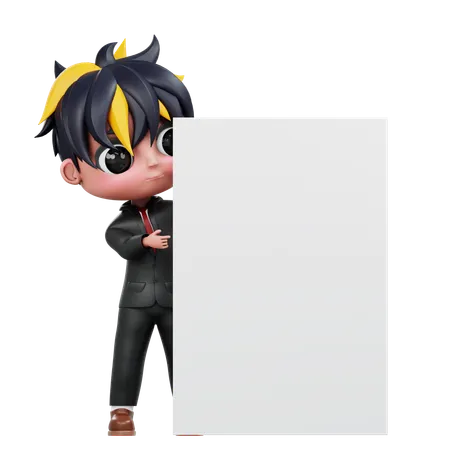 Boy Is Holding Advertising Board  3D Illustration