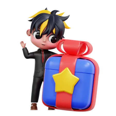 3 D Cute Businessman Standing Behind Giftbox 3D Illustration
