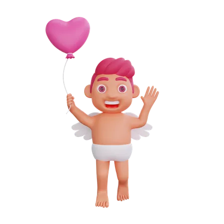 Boy Is Holding Heart Balloon  3D Illustration