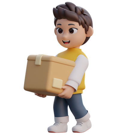 Boy is Lifting a Box  3D Illustration